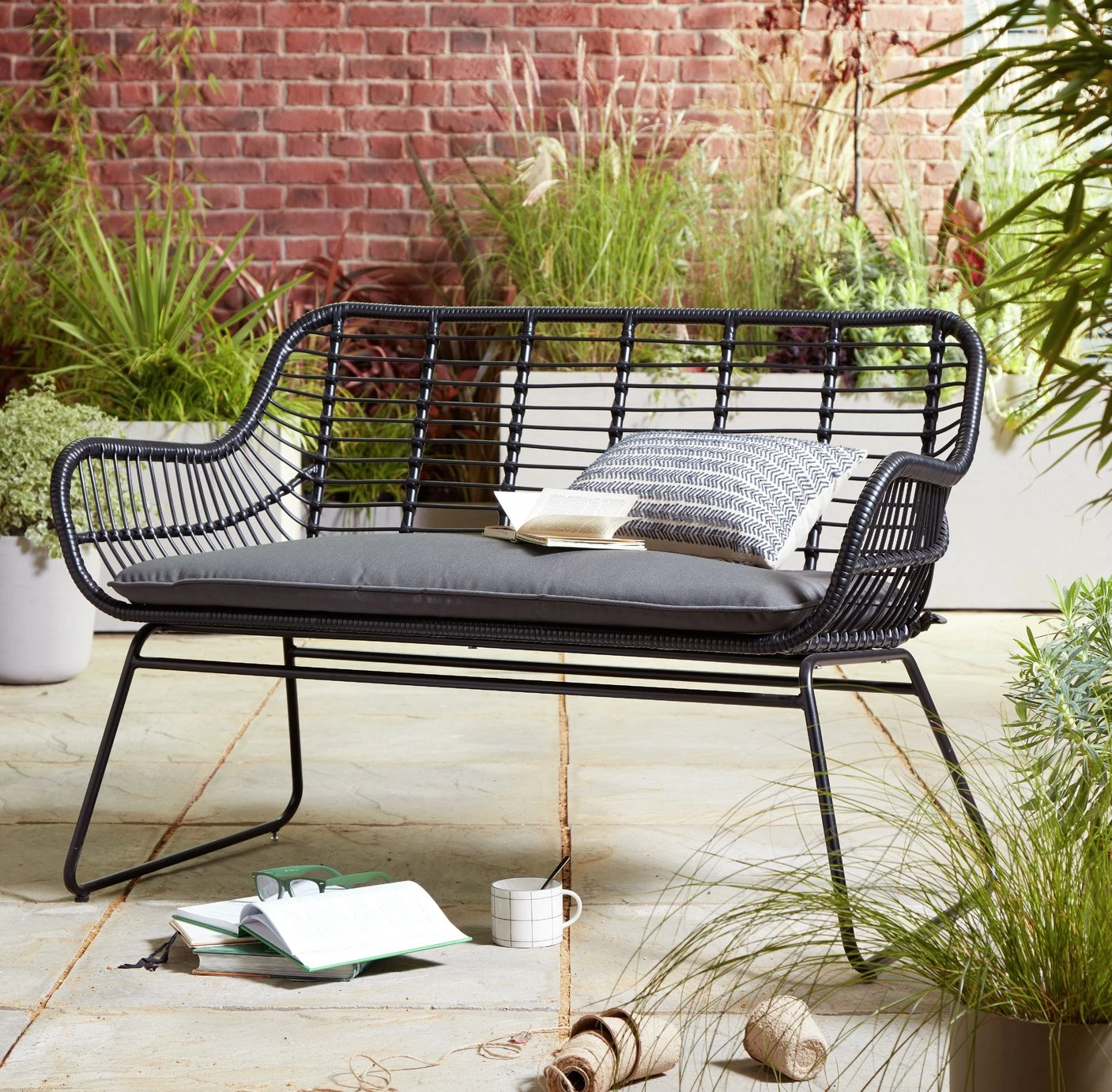 Habitat Ross Rattan Effect Garden Bench - Black 4 Habitat Ross Rattan Effect Garden Bench - Black - Image 2
