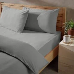 Habitat Washed Plain Stone Grey Fitted Sheet - Double -Habitat 9228285 R Z001C